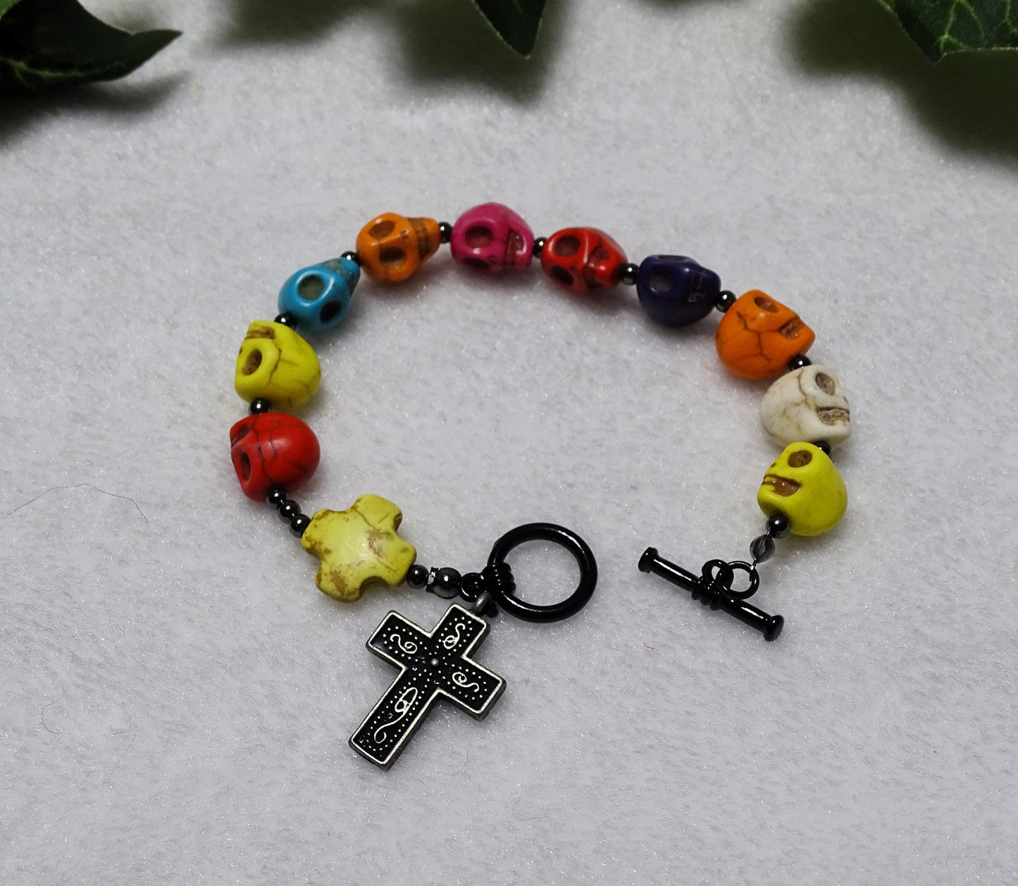 Multi-Color Howlite Skull Rosary Bracelet