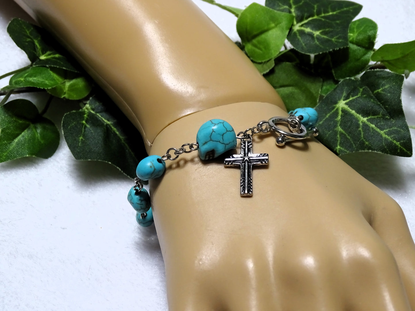 Turquoise Dyed Howlite Skull Rosary Bracelet