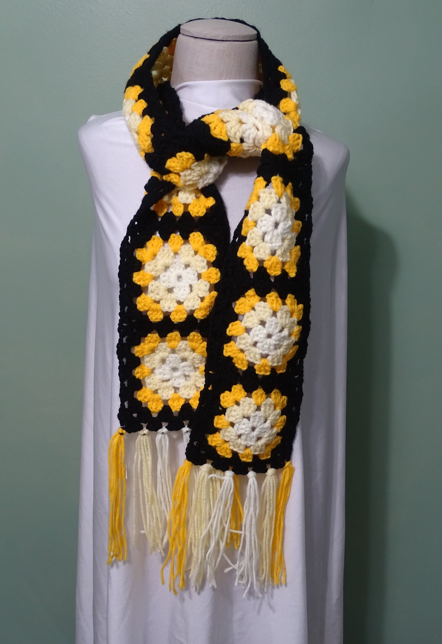 Yellow Granny Square Crocheted Scarf