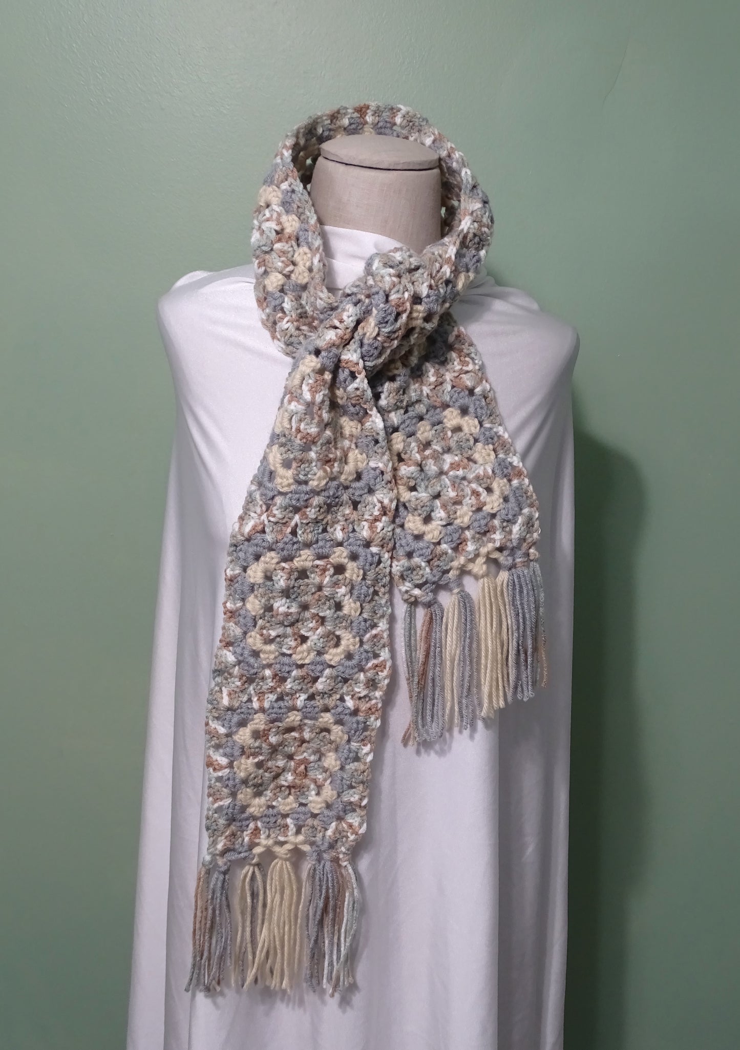 Earthy Granny Square Crocheted Scarf