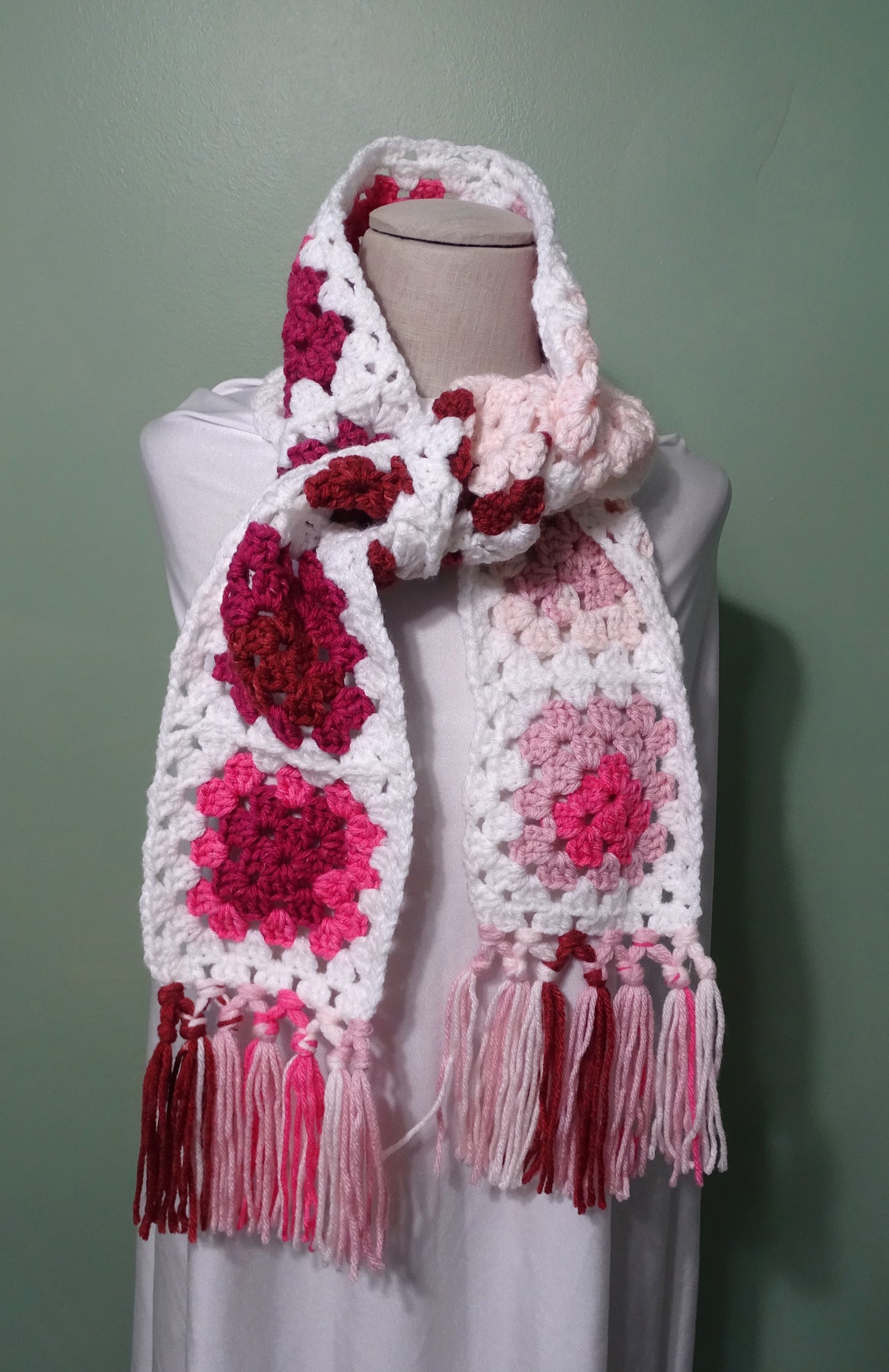 Berries and Cream Granny Square Crocheted Scarf