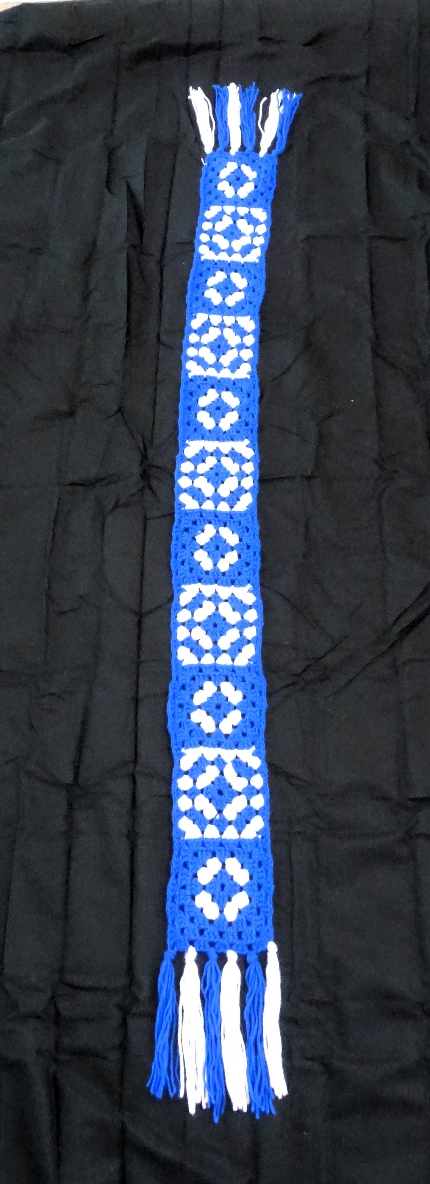 Varsity Blue and White Crochet Granny Square Scarf
