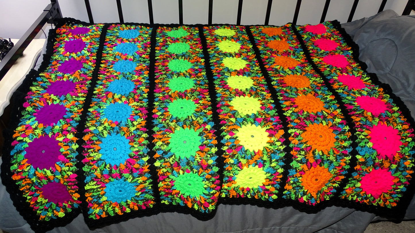 Neon Sunburst Crochet Granny Square Blanket