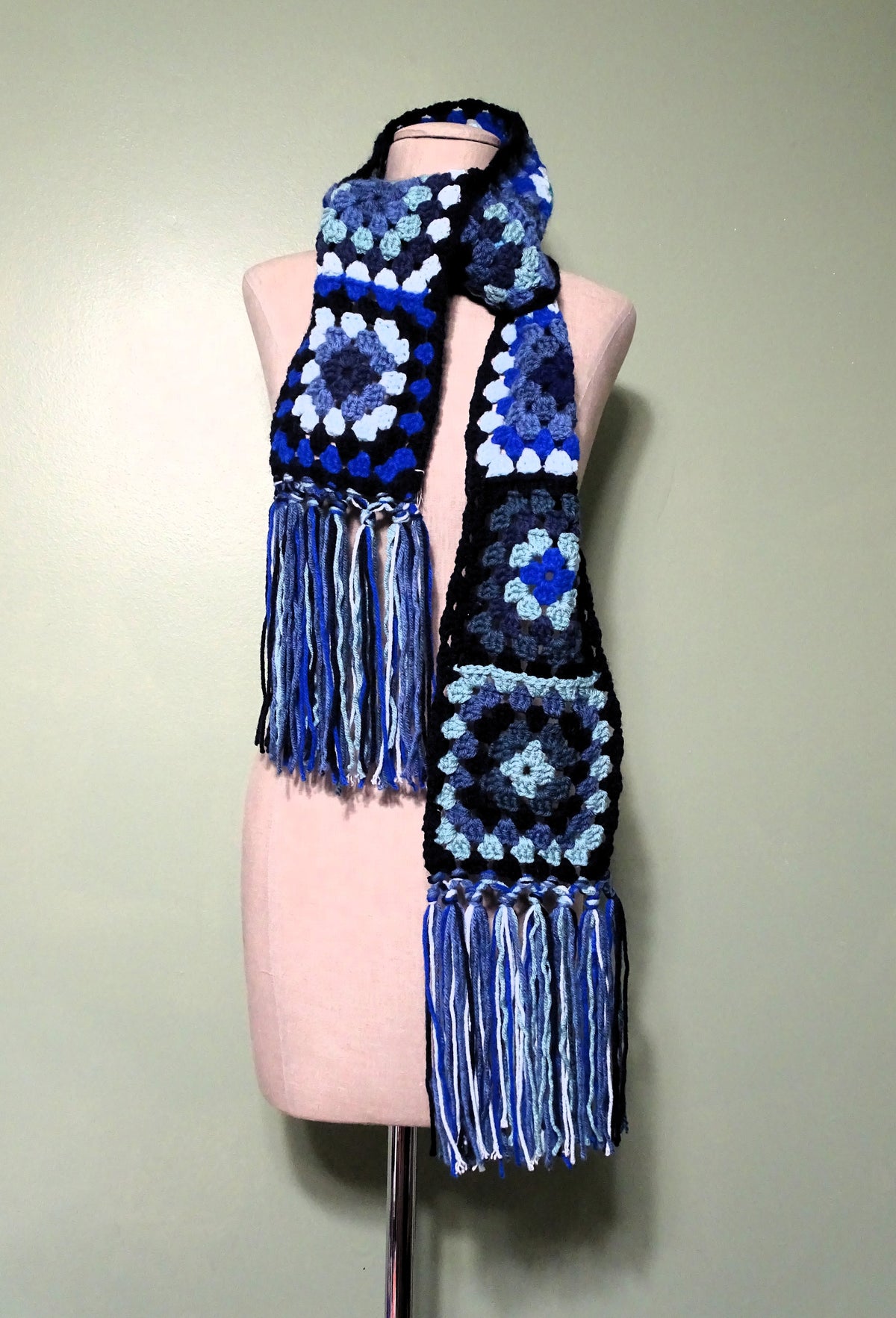 Mixed Blues Crocheted Granny Square Scarf