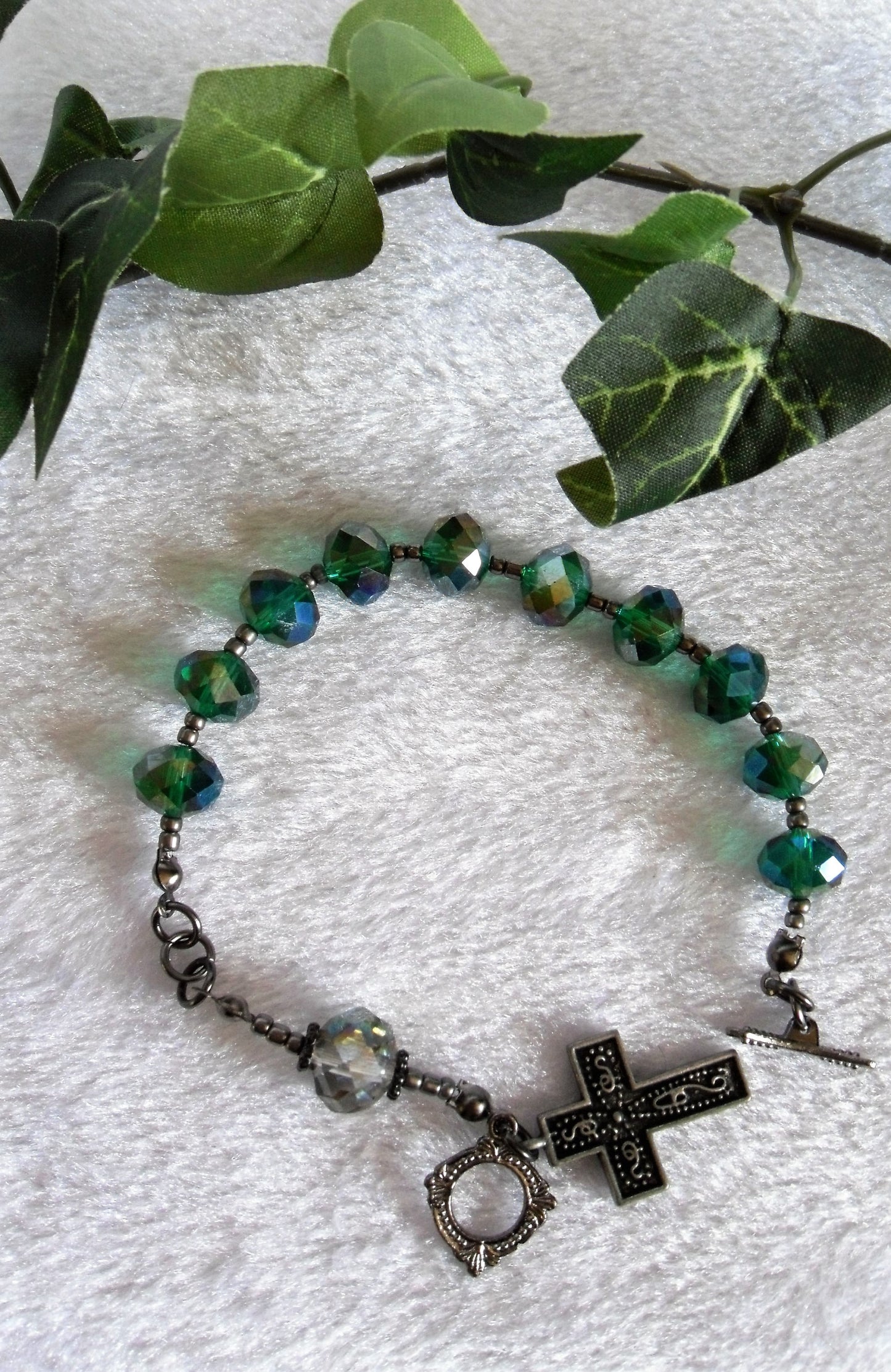 Crystal Cut Green Glass Rosary Bracelet
