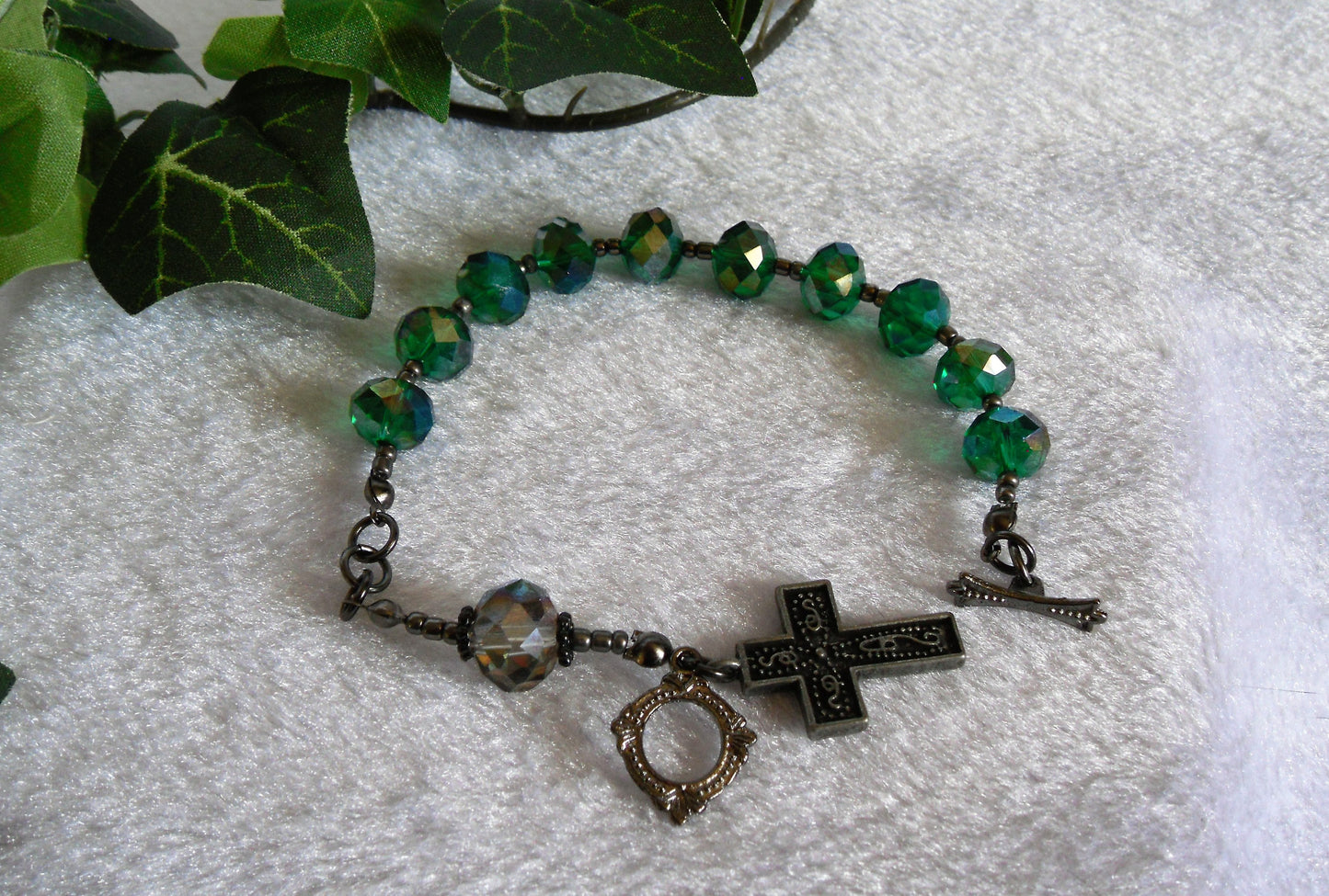 Crystal Cut Green Glass Rosary Bracelet