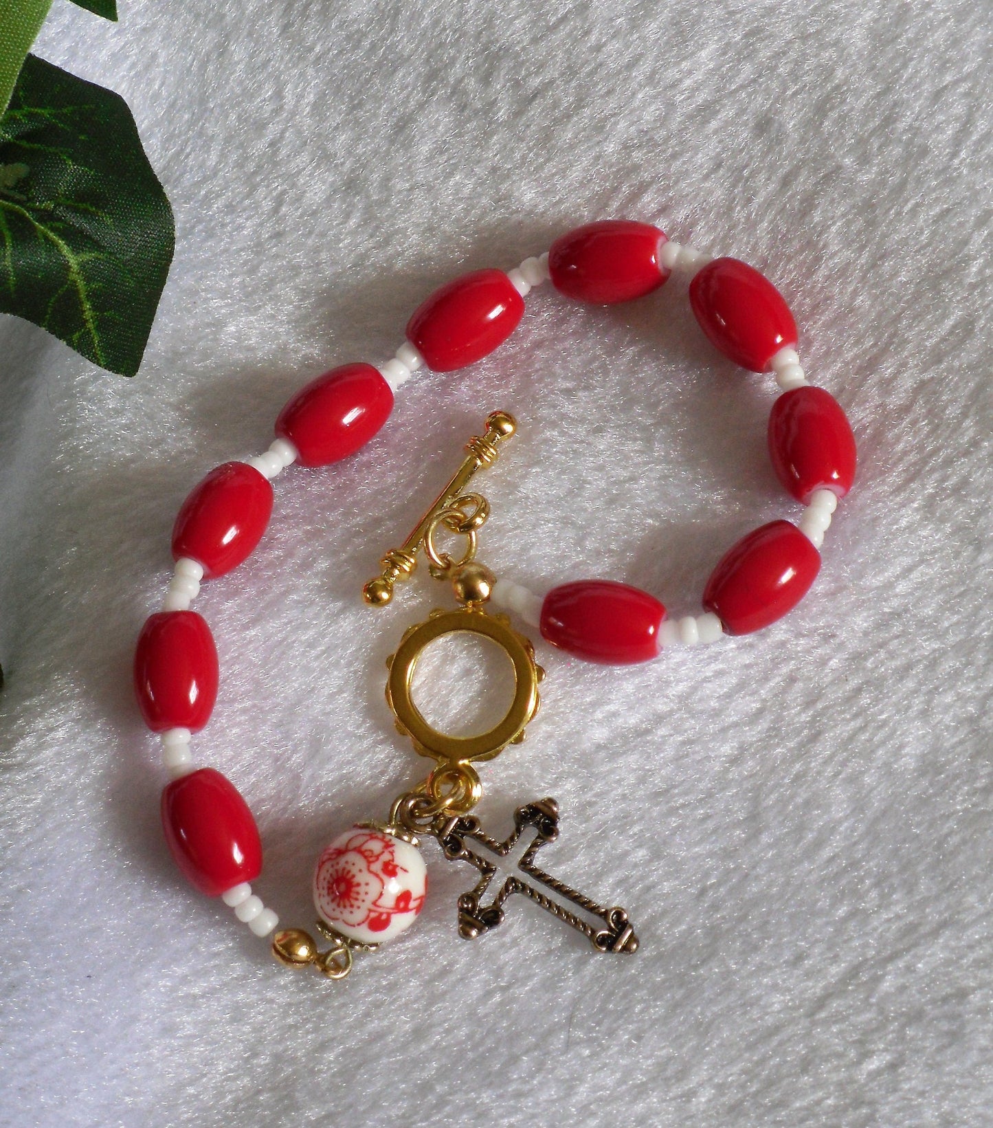 Red Flower Rosary Bracelet