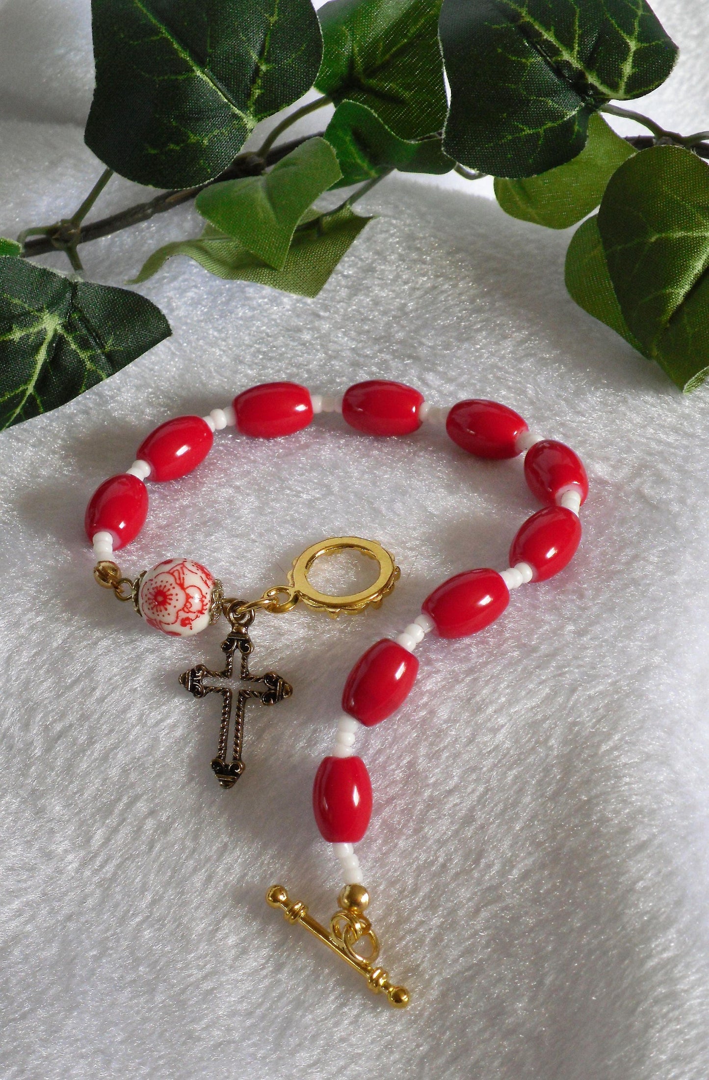 Red Flower Rosary Bracelet