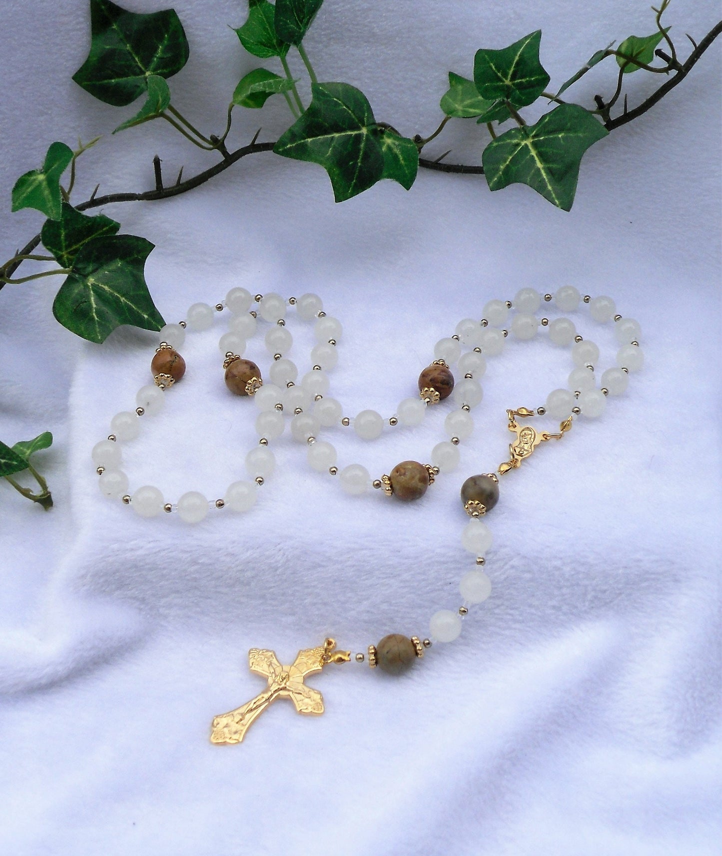 White Quartzite and Chinese Jasper Rosary