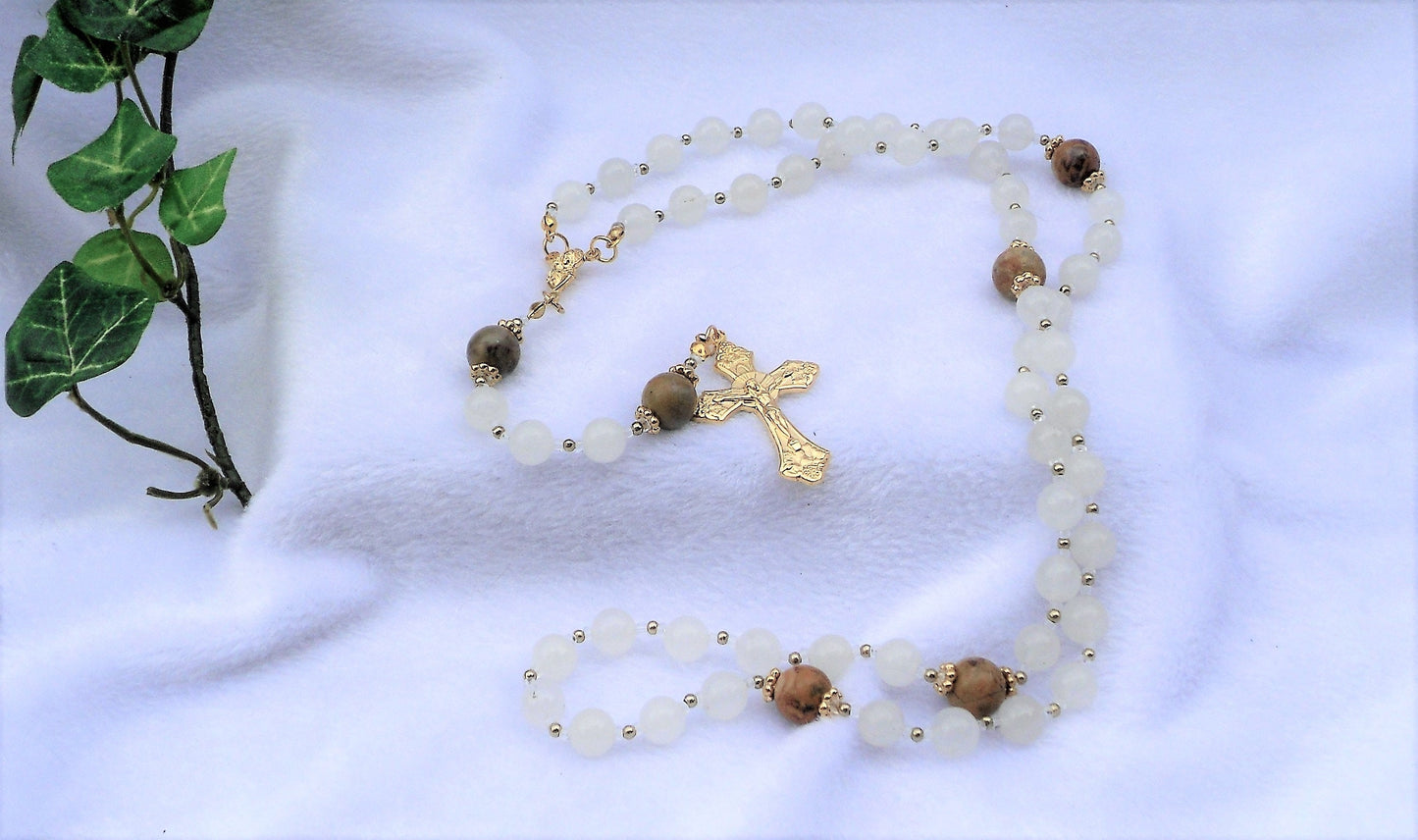 White Quartzite and Chinese Jasper Rosary