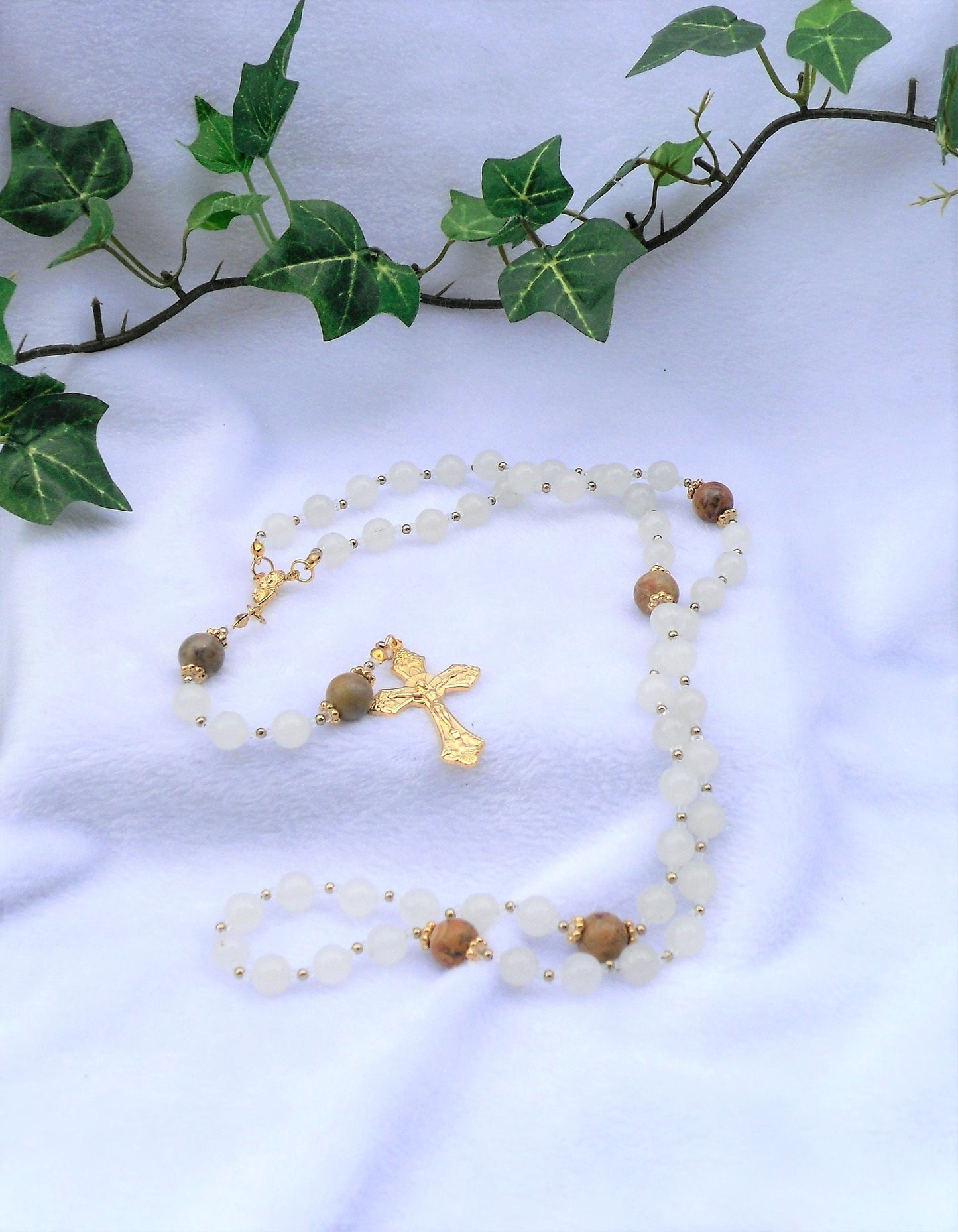 White Quartzite and Chinese Jasper Rosary