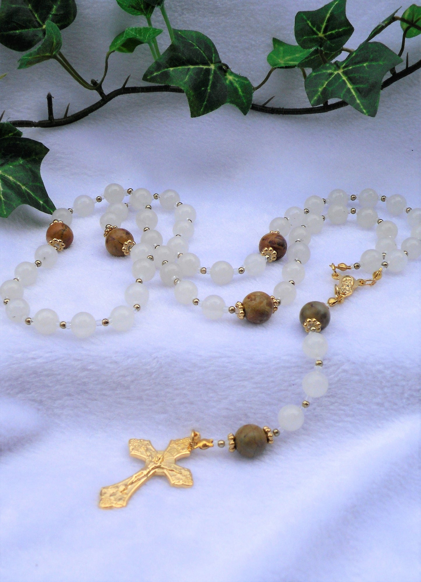 White Quartzite and Chinese Jasper Rosary