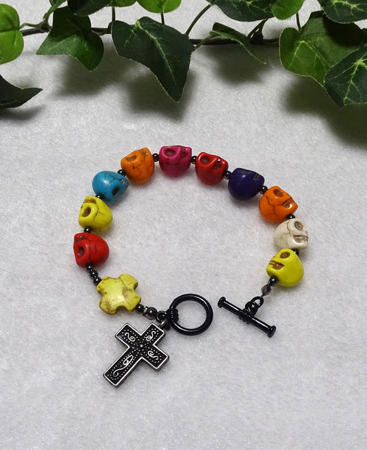 Multi-Color Howlite Skull Rosary Bracelet