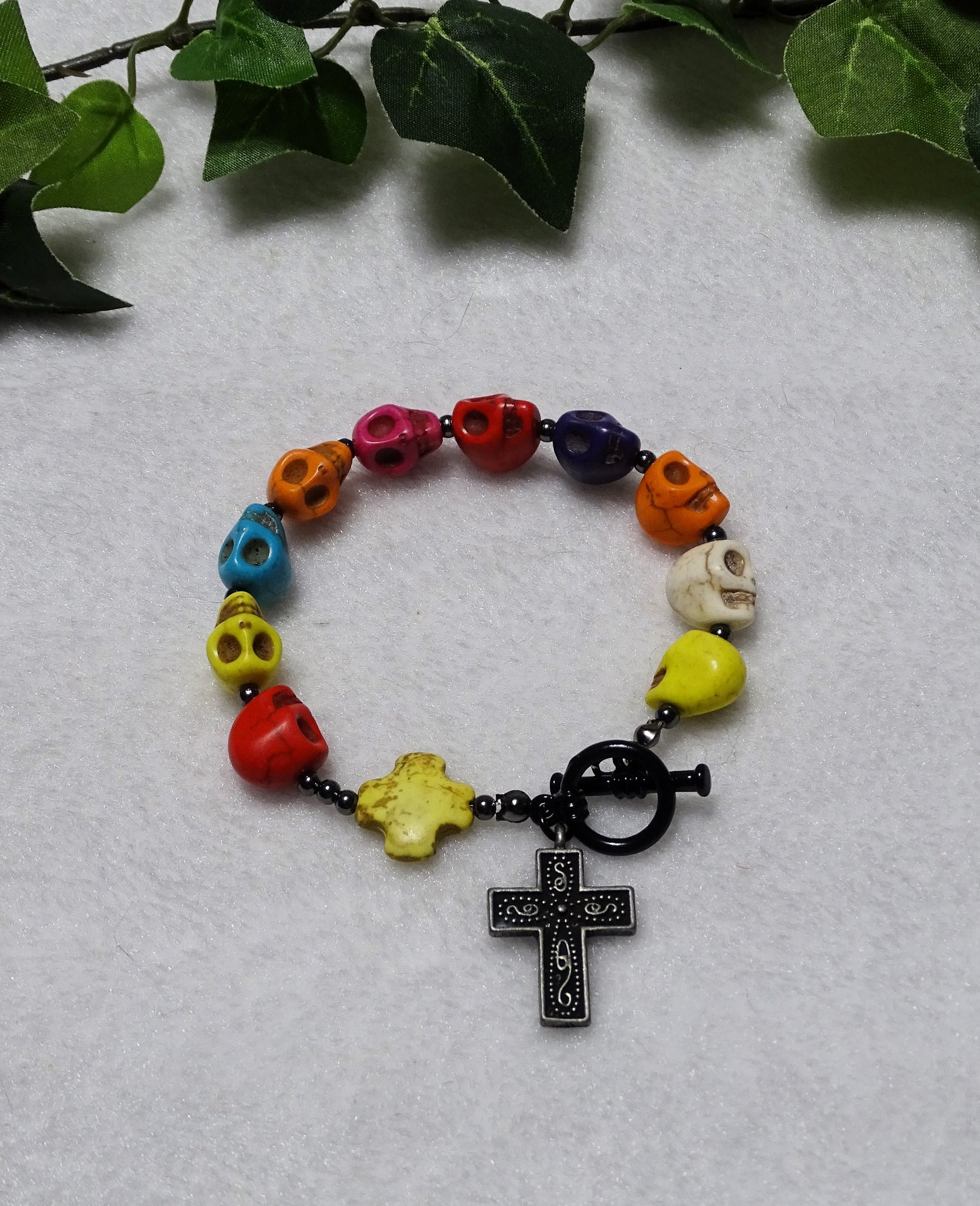 Multi-Color Howlite Skull Rosary Bracelet