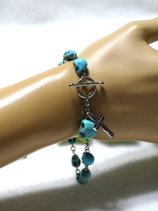 Turquoise Dyed Howlite Skull Rosary Bracelet
