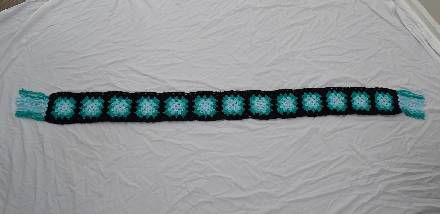 Teal Granny Square Crocheted Scarf  O-143