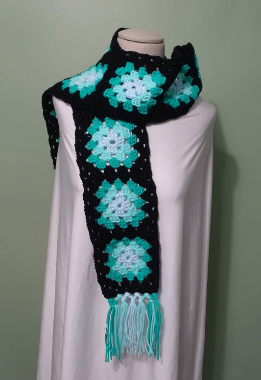 Teal Granny Square Crocheted Scarf  O-143