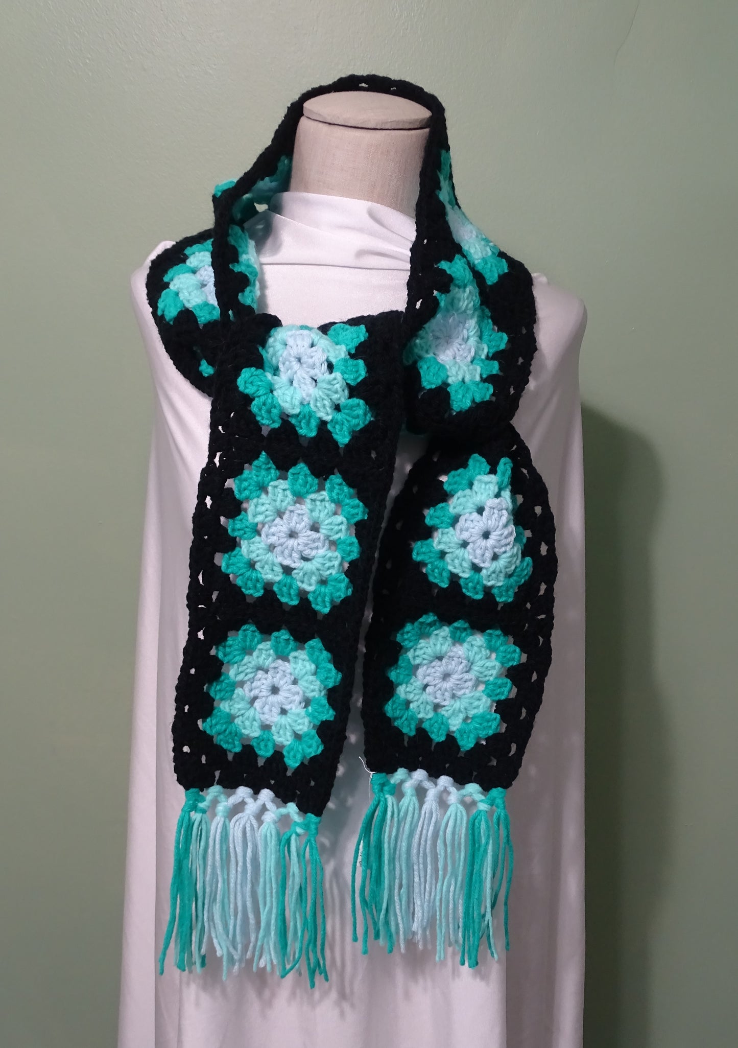 Teal Granny Square Crocheted Scarf  O-143