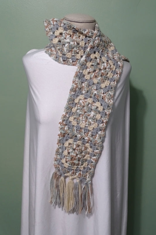 Earthy Granny Square Crocheted Scarf