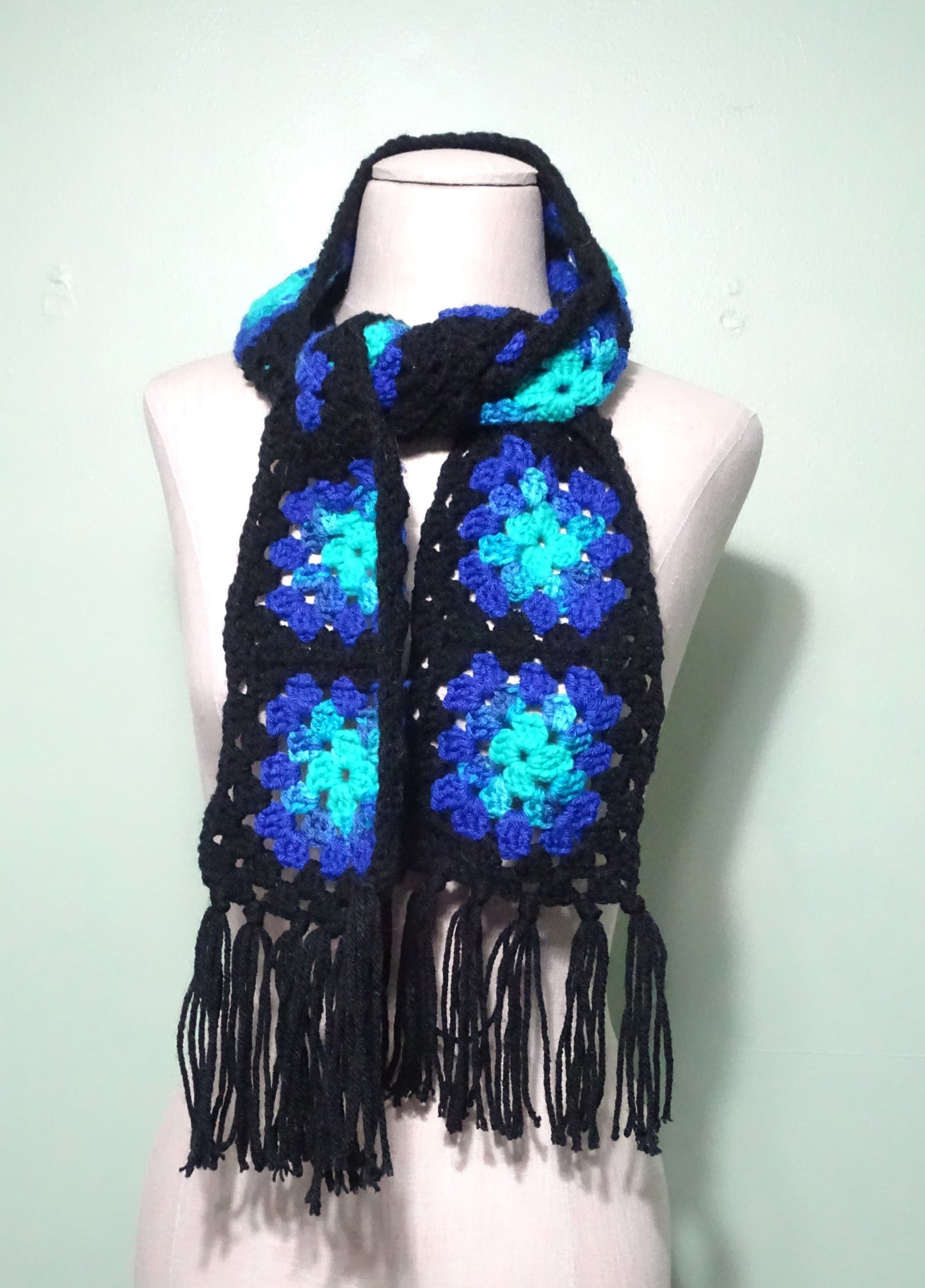 Peacock Ombre Crochet Granny Square Scarf