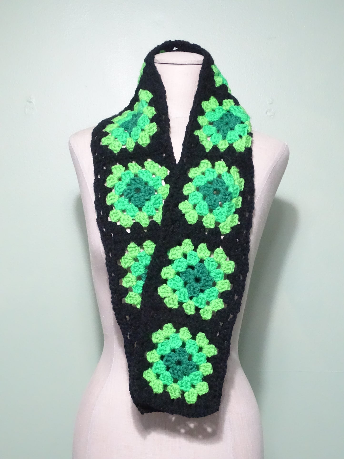 Shades of Green Crochet Granny Square Scarf
