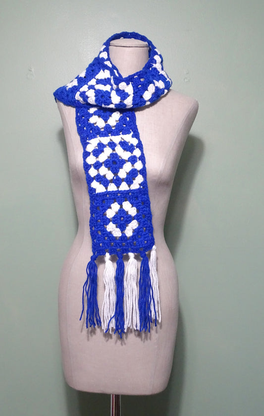 Varsity Blue and White Crochet Granny Square Scarf