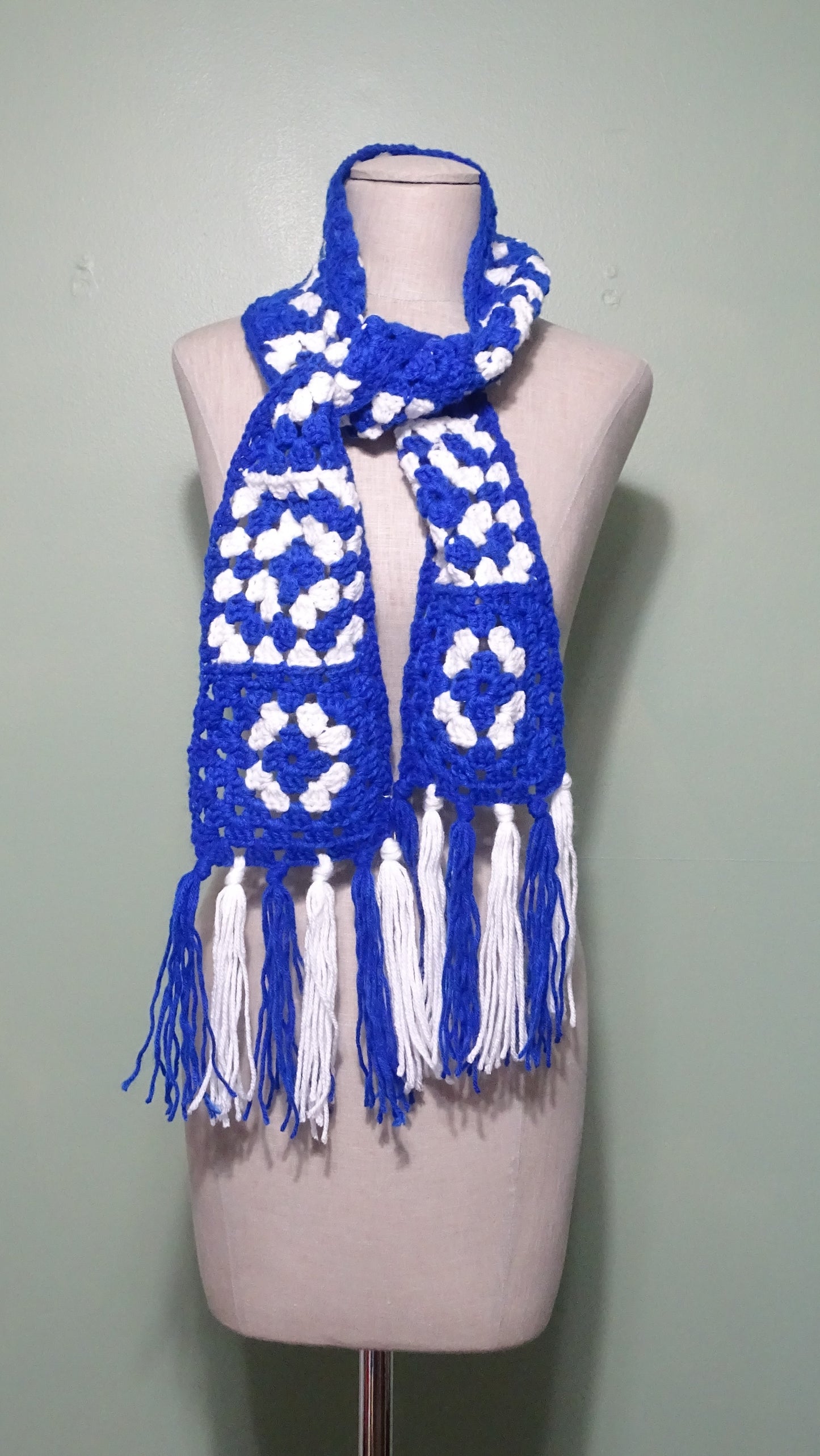 Varsity Blue and White Crochet Granny Square Scarf