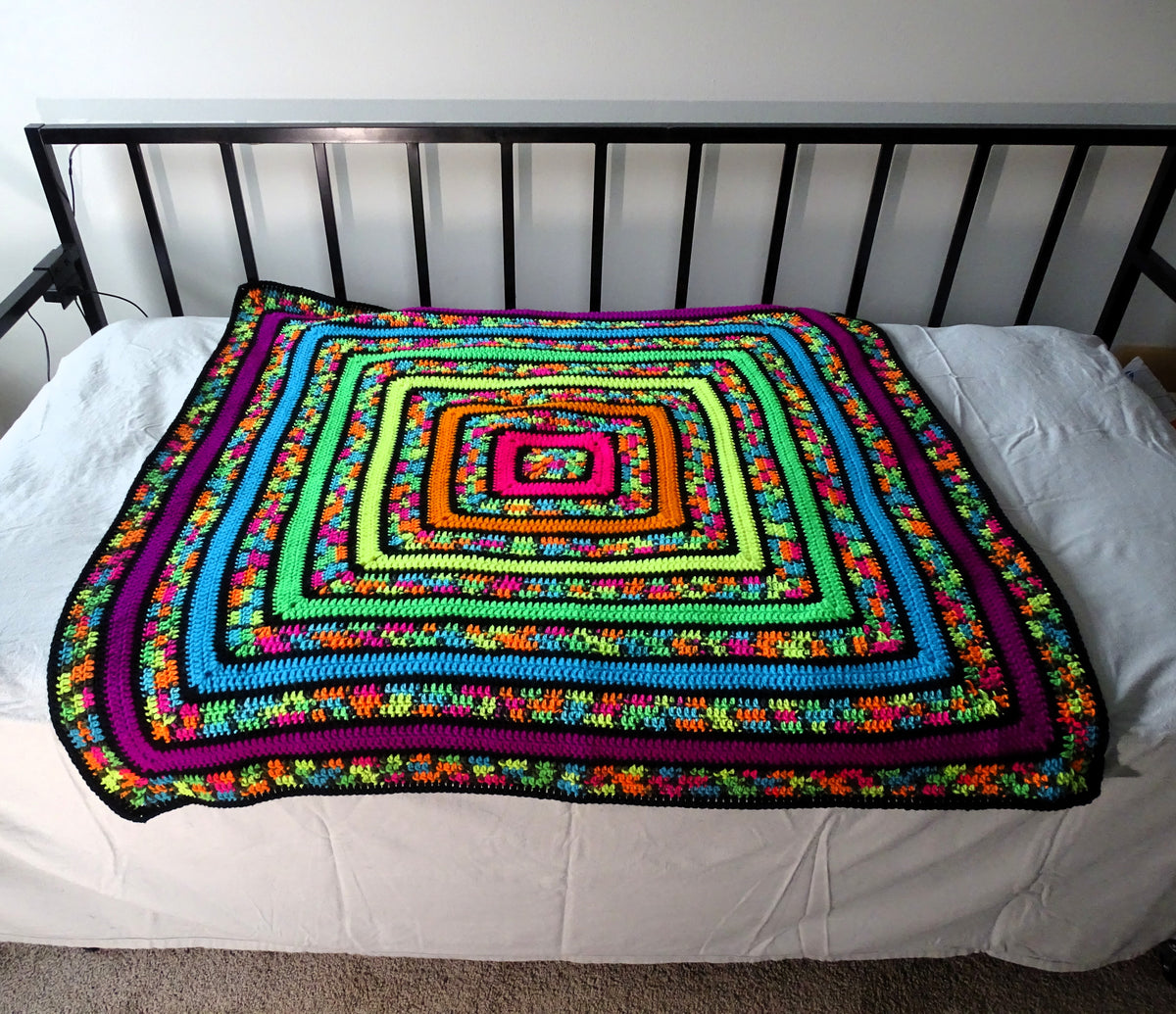 Neon Square Stripe Crocheted Granny Square Blanket