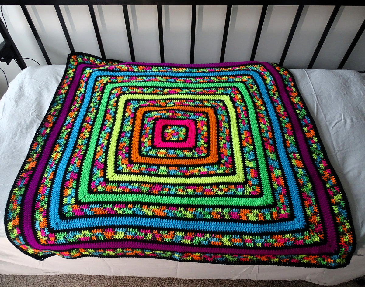 Neon Square Stripe Crocheted Granny Square Blanket