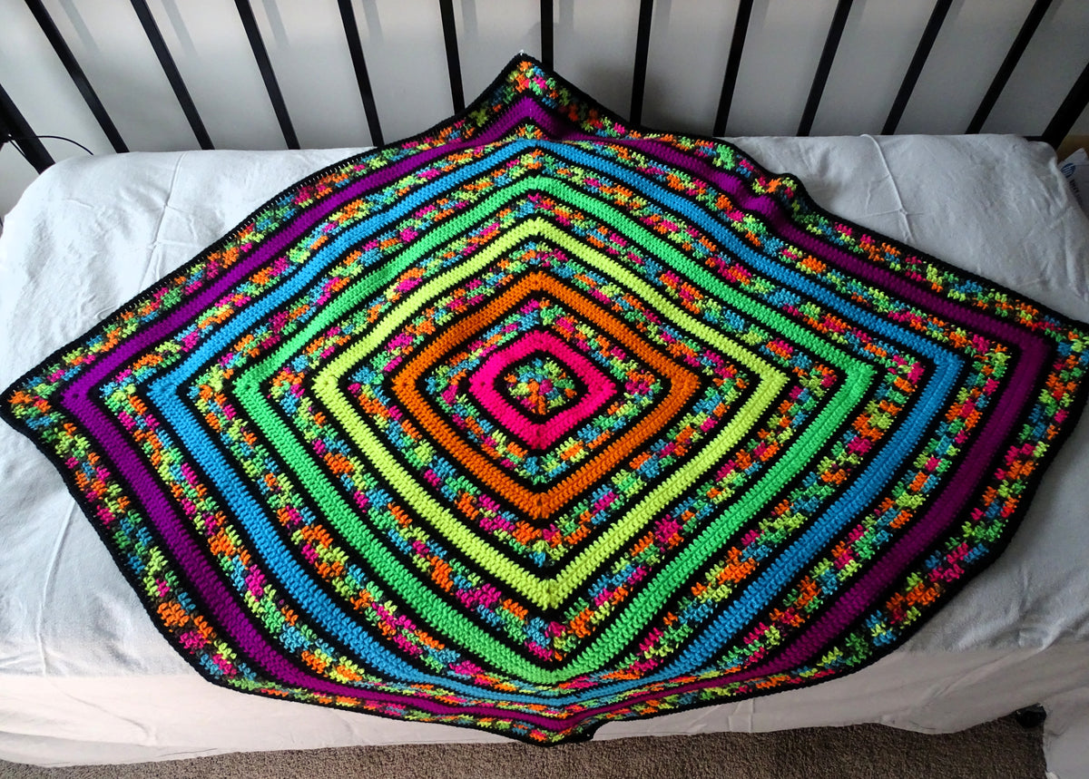 Neon Square Stripe Crocheted Granny Square Blanket