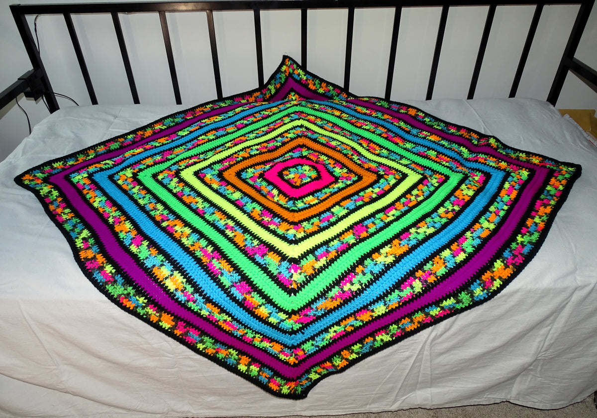Neon Square Stripe Crocheted Granny Square Blanket