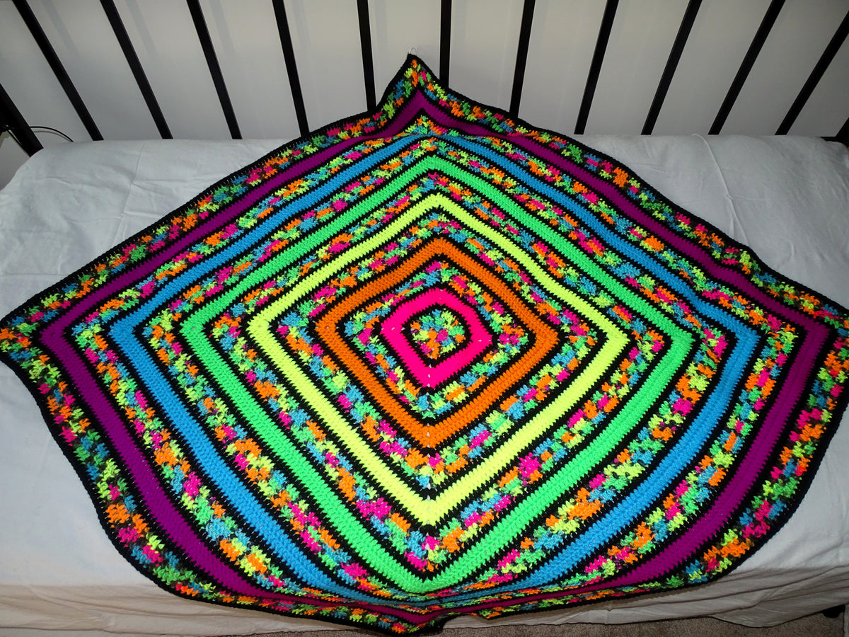 Neon Square Stripe Crocheted Granny Square Blanket