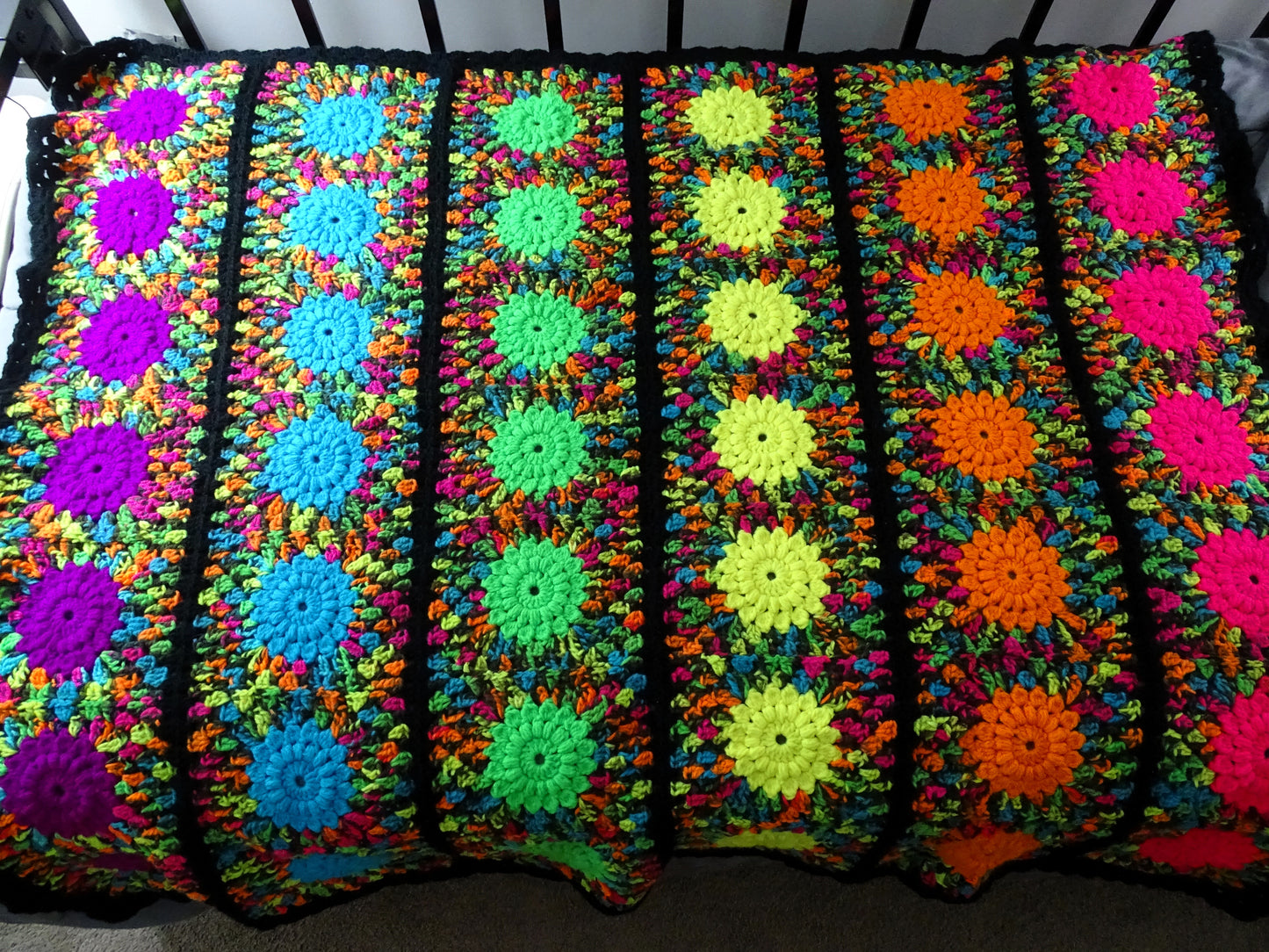 Neon Sunburst Crochet Granny Square Blanket