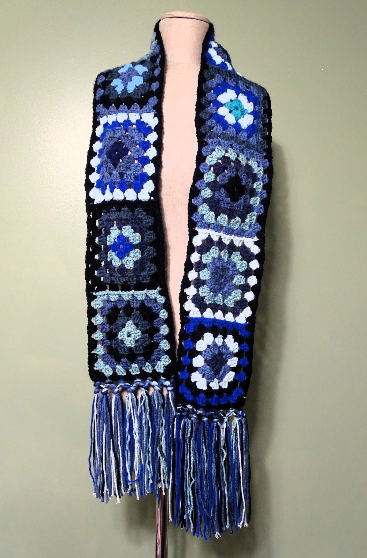 Mixed Blues Crocheted Granny Square Scarf