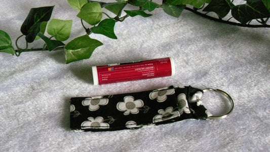 Black with White Flowers Lip Balm Keychain