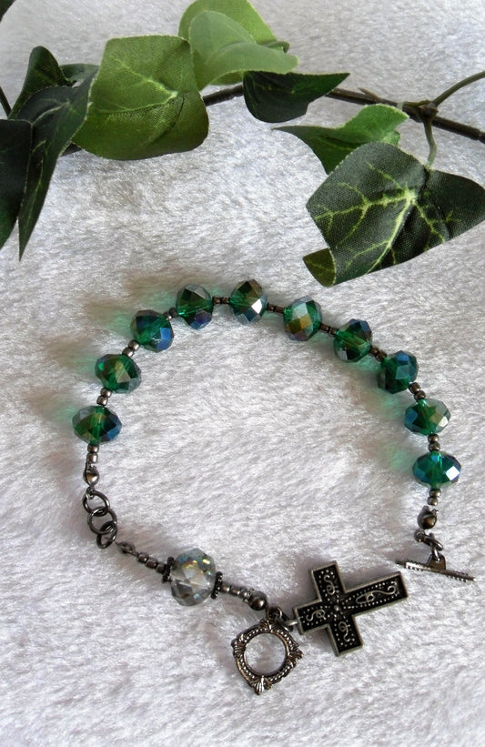 Crystal Cut Green Glass Rosary Bracelet
