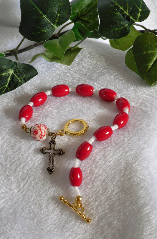 Red Flower Rosary Bracelet