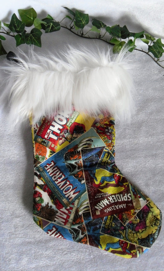 MARVEL Comic Book Print Stocking With Fur Trim