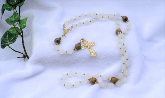 White Quartzite and Chinese Jasper Rosary